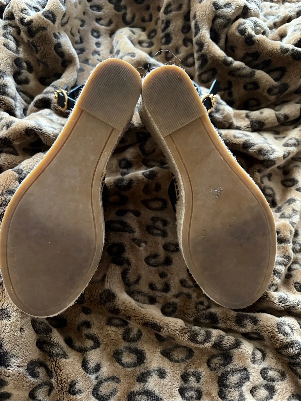 Tory Burch Black Leather Crisscross Espadrille Wedges with Gold Buckle